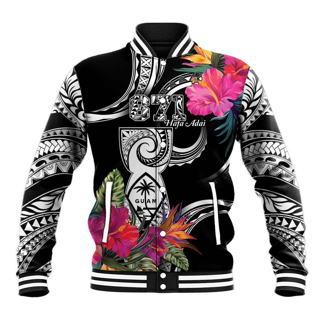 Hafa Adai Guam Baseball Jacket Polynesian Tattoo Tropical Flowers LT05 Unisex Black - Polynesian Pride