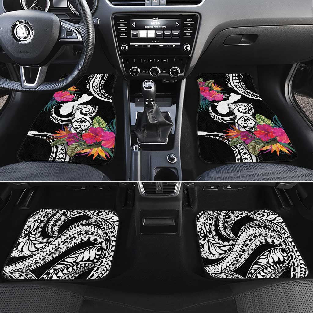 Hafa Adai Guam Car Mats Polynesian Tattoo Tropical Flowers LT05 Set 4pcs Black - Polynesian Pride