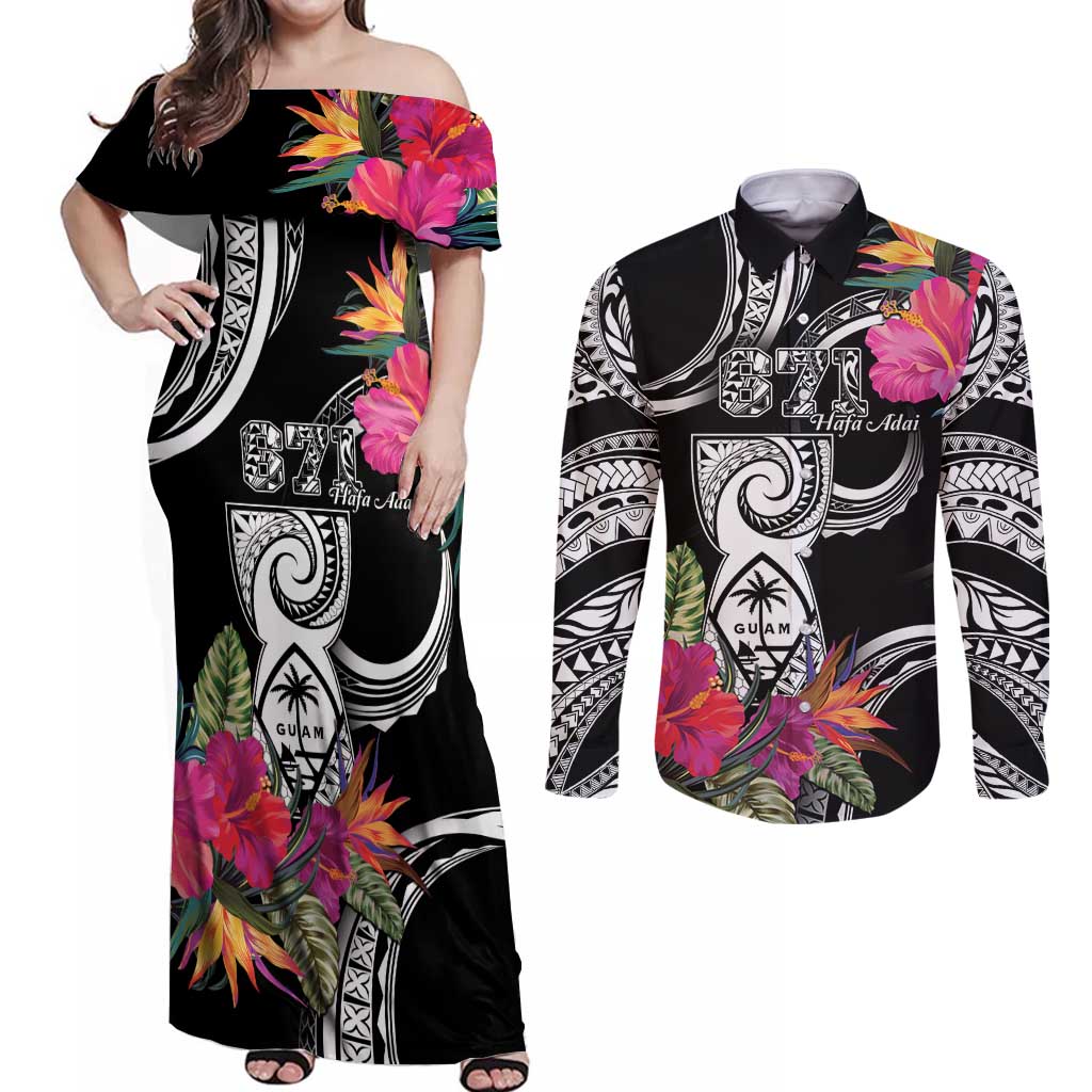 Hafa Adai Guam Couples Matching Off Shoulder Maxi Dress and Long Sleeve Button Shirt Polynesian Tattoo Tropical Flowers LT05 Black - Polynesian Pride