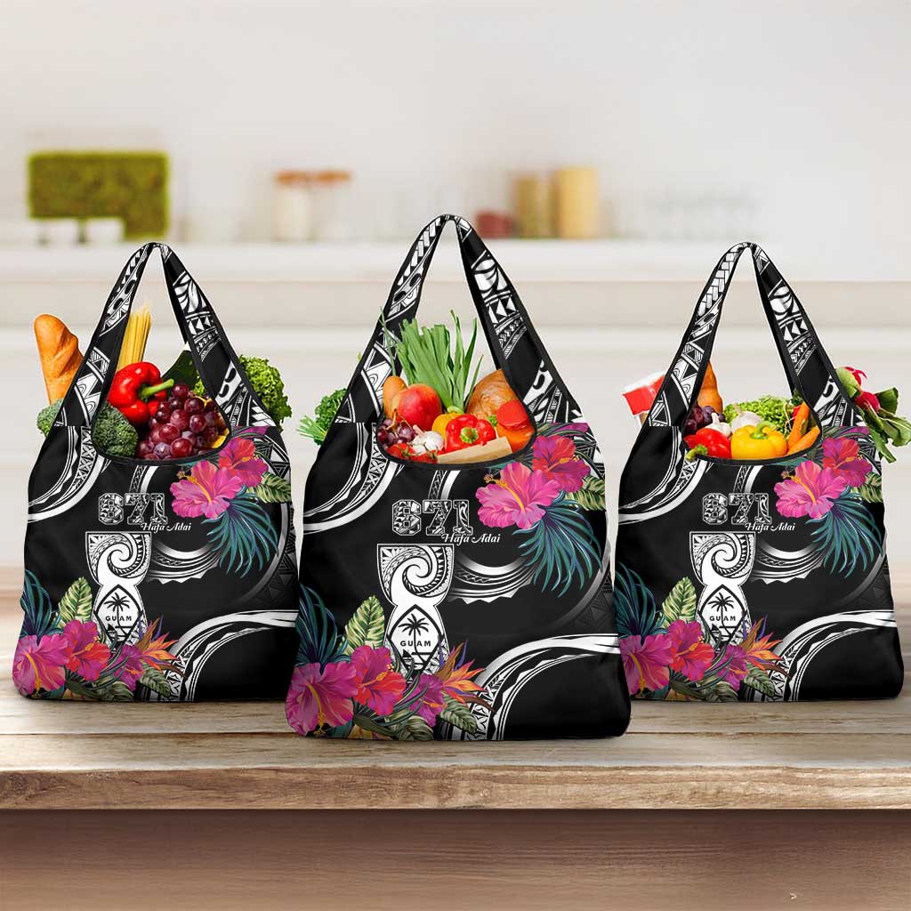 Hafa Adai Guam Grocery Bag Polynesian Tattoo Tropical Flowers LT05 3-pack One Size Black - Polynesian Pride