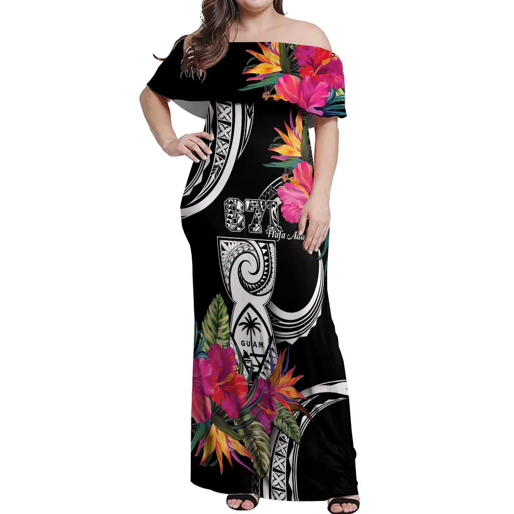 Hafa Adai Guam Off Shoulder Maxi Dress Polynesian Tattoo Tropical Flowers LT05 Women Black - Polynesian Pride
