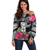 Hafa Adai Guam Off Shoulder Sweater Polynesian Tattoo Tropical Flowers LT05 Women Black - Polynesian Pride