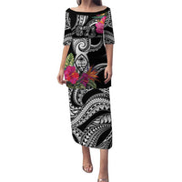 Hafa Adai Guam Puletasi Polynesian Tattoo Tropical Flowers LT05 Long Dress Black - Polynesian Pride