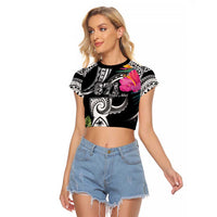 Hafa Adai Guam Raglan Cropped T Shirt Polynesian Tattoo Tropical Flowers LT05 Female Black - Polynesian Pride