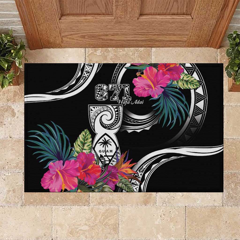 Hafa Adai Guam Rubber Doormat Polynesian Tattoo Tropical Flowers LT05 Black - Polynesian Pride