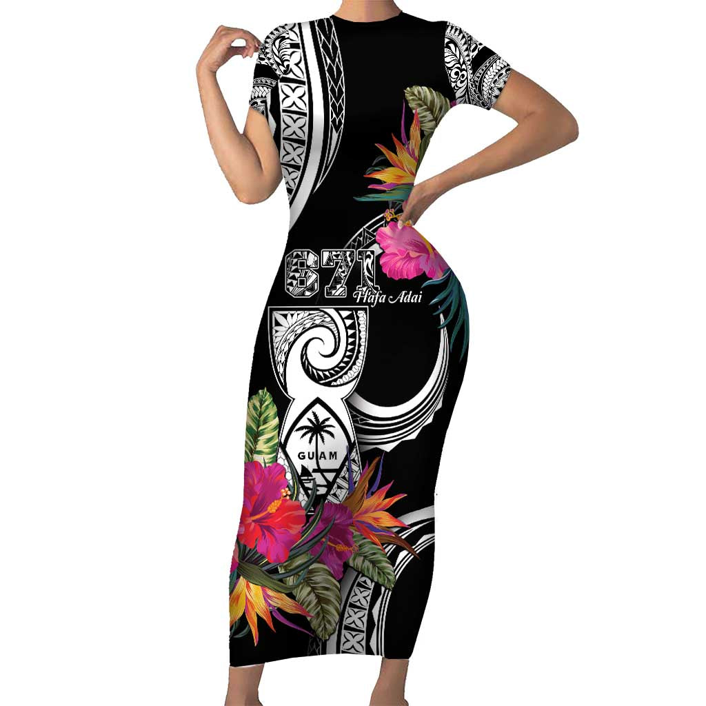 Hafa Adai Guam Short Sleeve Bodycon Dress Polynesian Tattoo Tropical Flowers LT05 Long Dress Black - Polynesian Pride