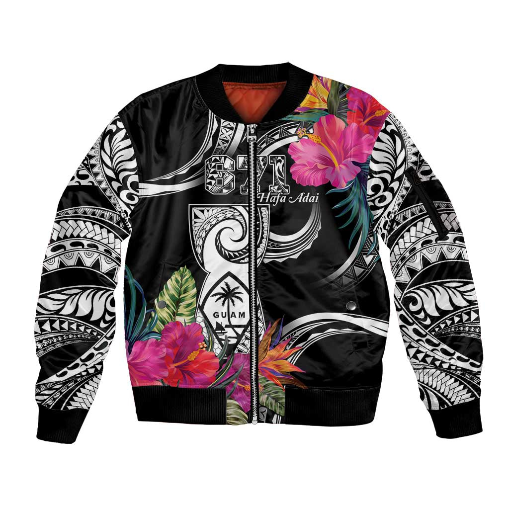 Hafa Adai Guam Sleeve Zip Bomber Jacket Polynesian Tattoo Tropical Flowers LT05 Unisex Black - Polynesian Pride