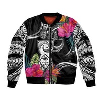 Hafa Adai Guam Sleeve Zip Bomber Jacket Polynesian Tattoo Tropical Flowers LT05 Unisex Black - Polynesian Pride