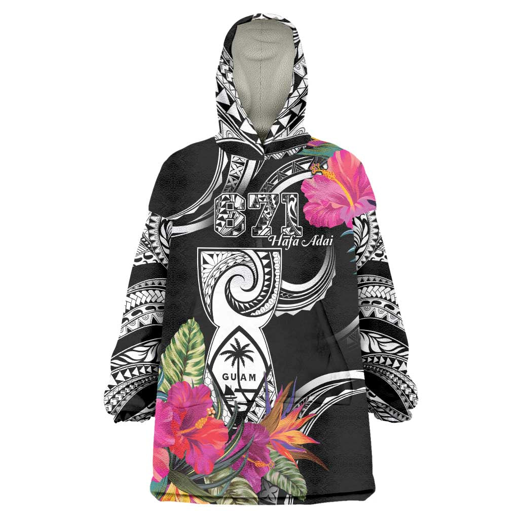 Hafa Adai Guam Wearable Blanket Hoodie Polynesian Tattoo Tropical Flowers LT05 One Size Black - Polynesian Pride