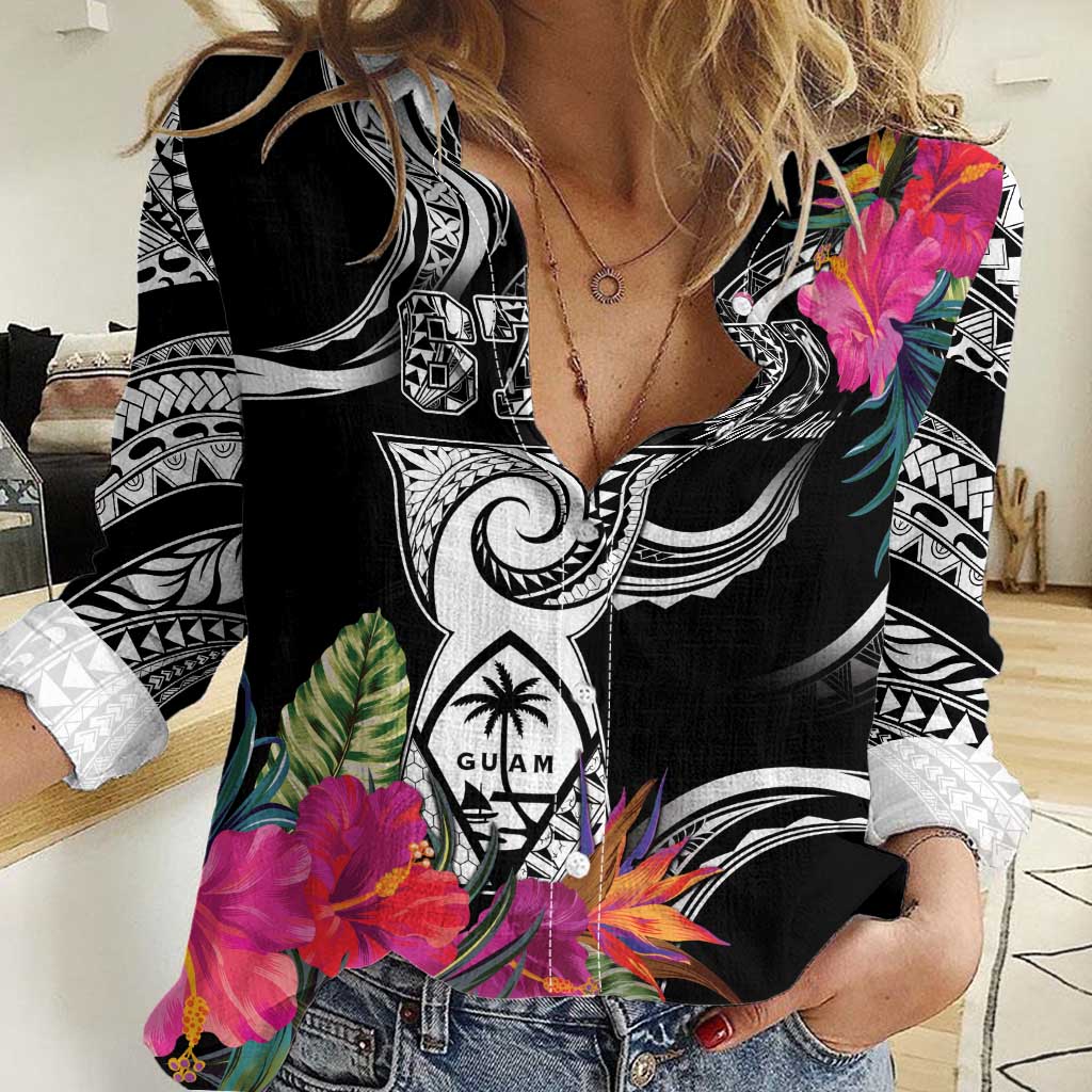 Hafa Adai Guam Women Casual Shirt Polynesian Tattoo Tropical Flowers LT05 Female Black - Polynesian Pride