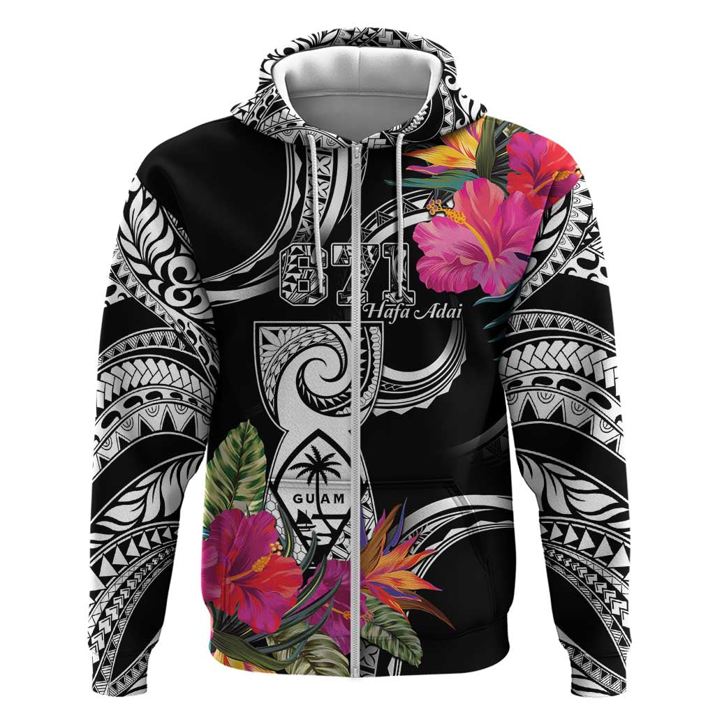 Hafa Adai Guam Zip Hoodie Polynesian Tattoo Tropical Flowers LT05 Zip Hoodie Black - Polynesian Pride