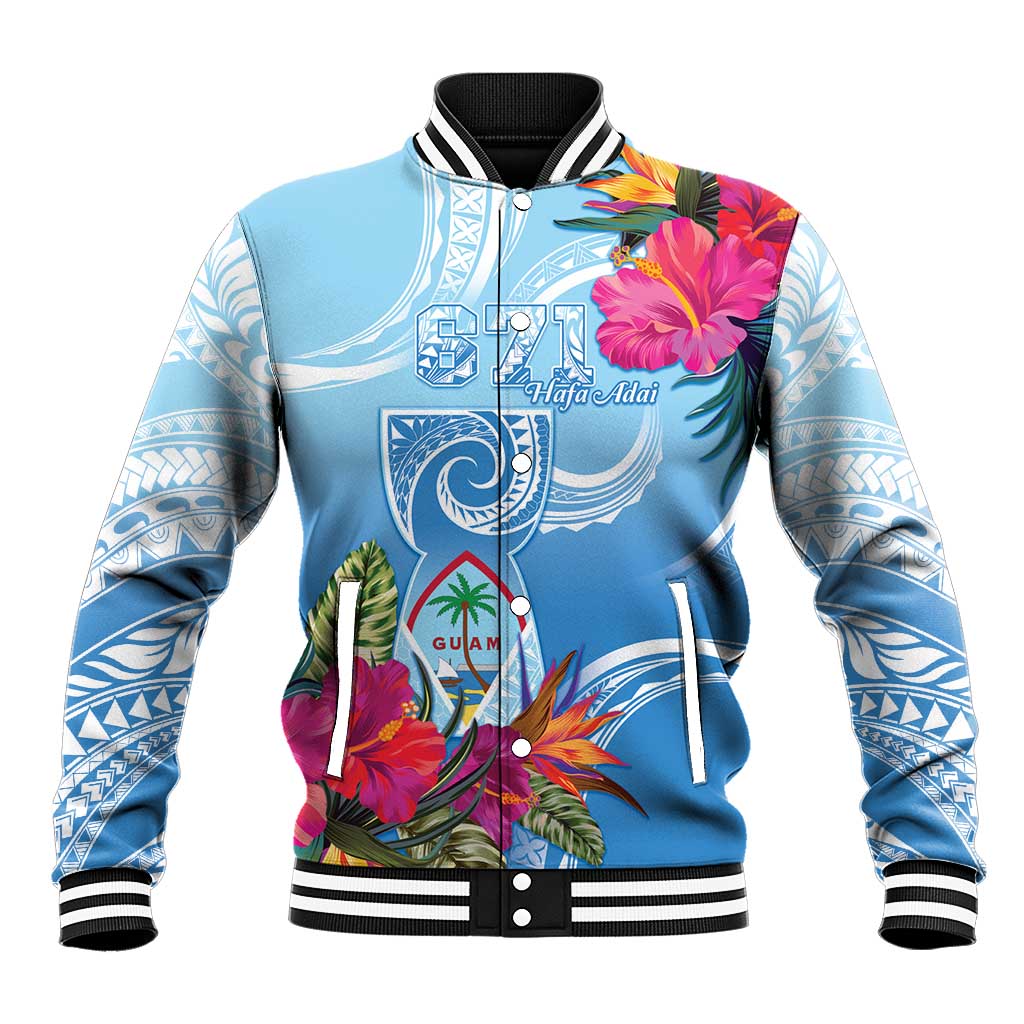 Hafa Adai Guam Baseball Jacket Tropical Flowers Blue Gradient LT05 Unisex Blue - Polynesian Pride