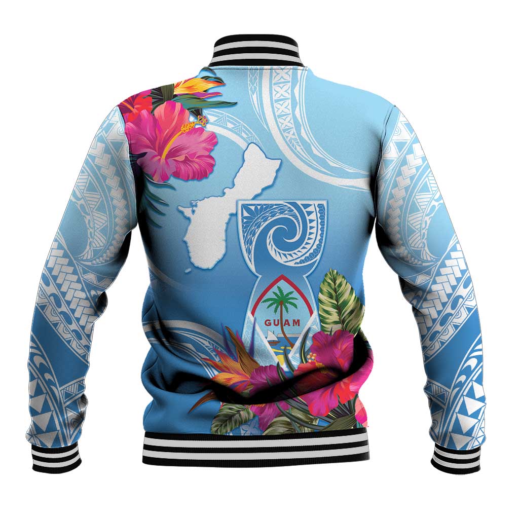 Hafa Adai Guam Baseball Jacket Tropical Flowers Blue Gradient LT05 - Polynesian Pride