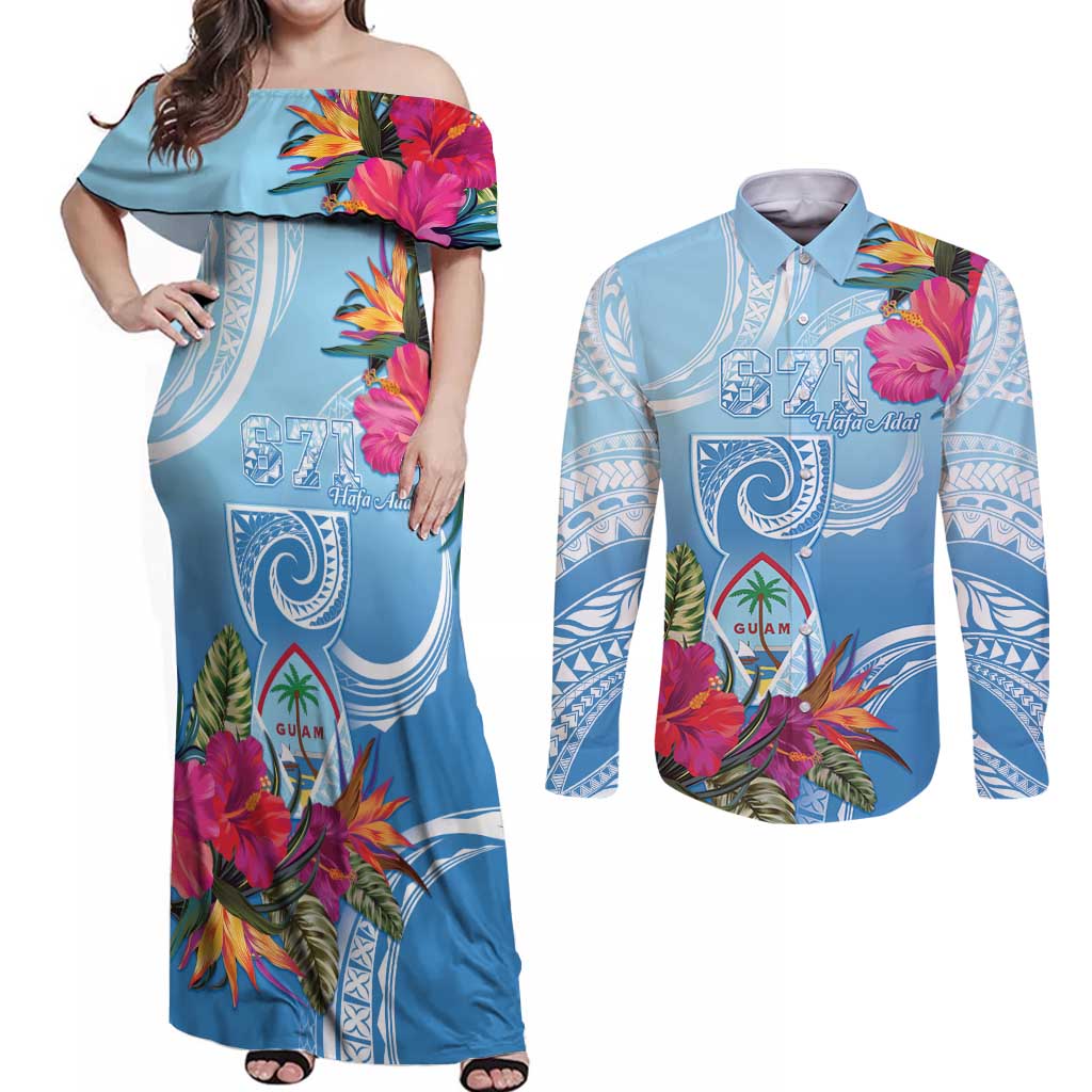 Hafa Adai Guam Couples Matching Off Shoulder Maxi Dress and Long Sleeve Button Shirt Tropical Flowers Blue Gradient LT05 Blue - Polynesian Pride