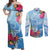 Hafa Adai Guam Couples Matching Off Shoulder Maxi Dress and Long Sleeve Button Shirt Tropical Flowers Blue Gradient