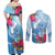 Hafa Adai Guam Couples Matching Off Shoulder Maxi Dress and Long Sleeve Button Shirt Tropical Flowers Blue Gradient