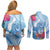 Hafa Adai Guam Couples Matching Off Shoulder Short Dress and Long Sleeve Button Shirt Tropical Flowers Blue Gradient