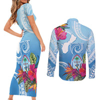 Hafa Adai Guam Couples Matching Short Sleeve Bodycon Dress and Long Sleeve Button Shirt Tropical Flowers Blue Gradient LT05 - Polynesian Pride