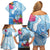 Hafa Adai Guam Family Matching Off Shoulder Short Dress and Hawaiian Shirt Tropical Flowers Blue Gradient