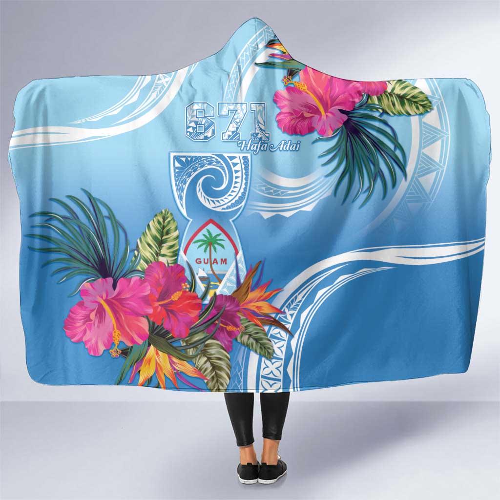 Hafa Adai Guam Hooded Blanket Tropical Flowers Blue Gradient LT05 One Size Blue - Polynesian Pride