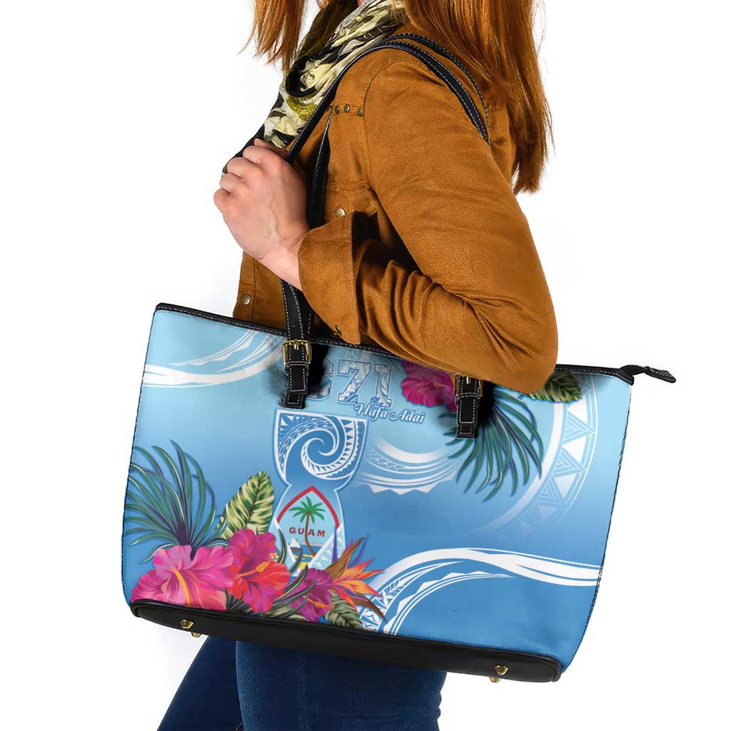 Hafa Adai Guam Leather Tote Bag Tropical Flowers Blue Gradient LT05 Blue - Polynesian Pride