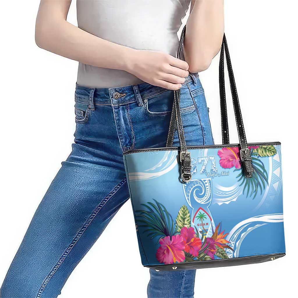 Hafa Adai Guam Leather Tote Bag Tropical Flowers Blue Gradient LT05 - Polynesian Pride