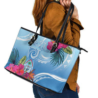 Hafa Adai Guam Leather Tote Bag Tropical Flowers Blue Gradient LT05 - Polynesian Pride