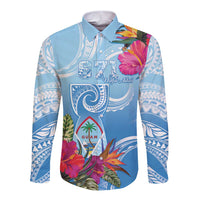 Hafa Adai Guam Long Sleeve Button Shirt Tropical Flowers Blue Gradient LT05 Unisex Blue - Polynesian Pride