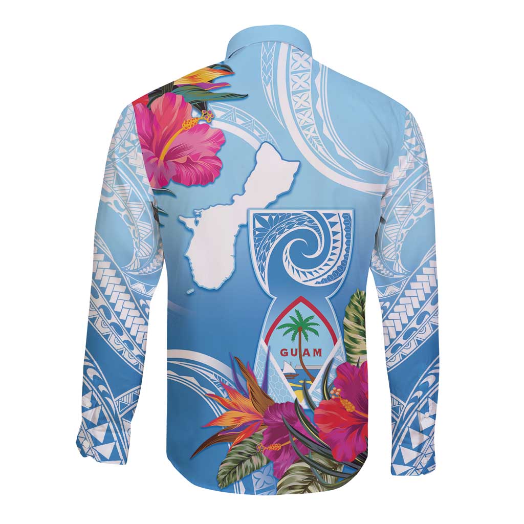 Hafa Adai Guam Long Sleeve Button Shirt Tropical Flowers Blue Gradient LT05 - Polynesian Pride