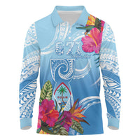 Hafa Adai Guam Long Sleeve Polo Shirt Tropical Flowers Blue Gradient LT05 Blue - Polynesian Pride