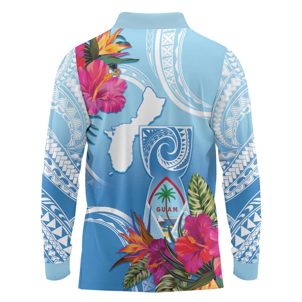 Hafa Adai Guam Long Sleeve Polo Shirt Tropical Flowers Blue Gradient LT05 - Polynesian Pride