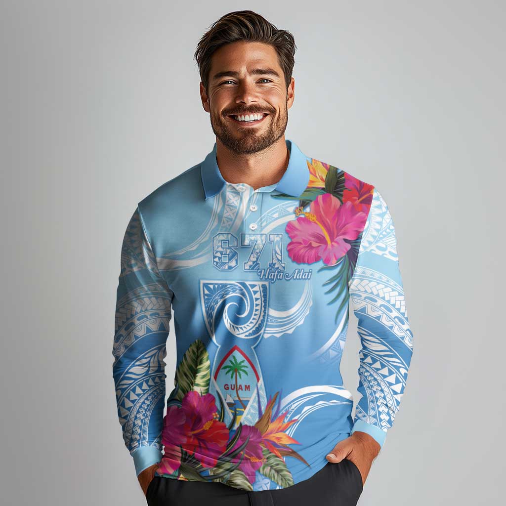 Hafa Adai Guam Long Sleeve Polo Shirt Tropical Flowers Blue Gradient LT05 - Polynesian Pride