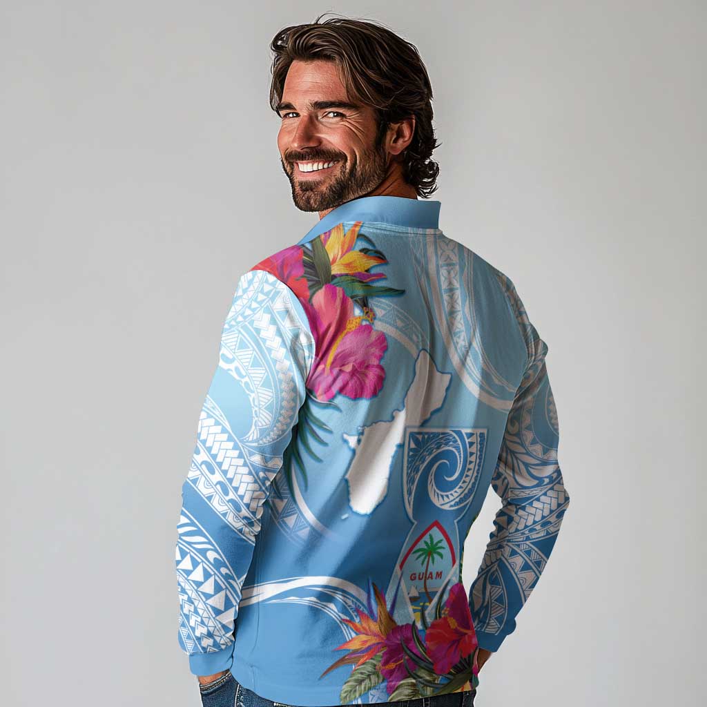 Hafa Adai Guam Long Sleeve Polo Shirt Tropical Flowers Blue Gradient LT05 - Polynesian Pride