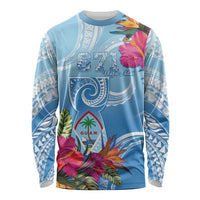 Hafa Adai Guam Long Sleeve Shirt Tropical Flowers Blue Gradient LT05 Unisex Blue - Polynesian Pride