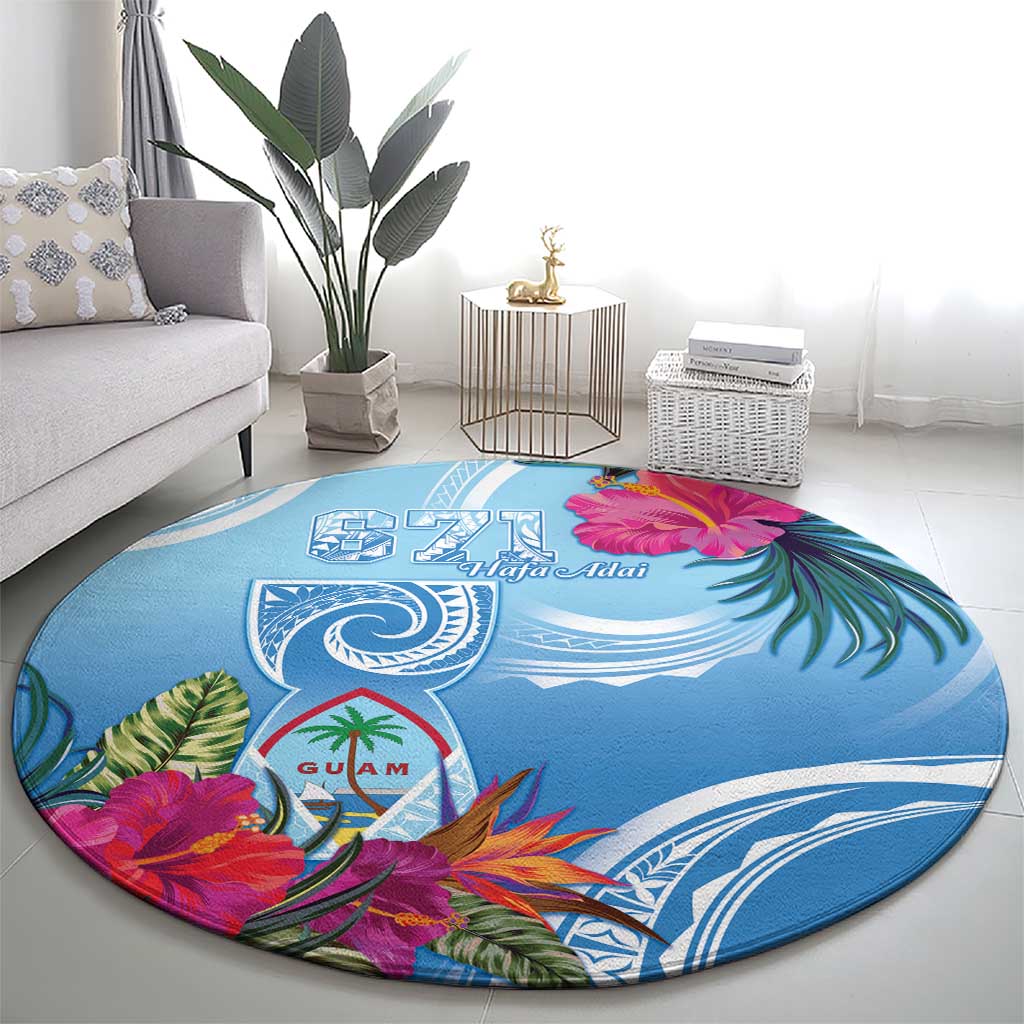 Hafa Adai Guam Round Carpet Tropical Flowers Blue Gradient LT05 - Polynesian Pride