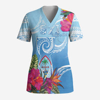 Hafa Adai Guam Scrub Top Tropical Flowers Blue Gradient LT05 Adult Blue - Polynesian Pride