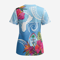 Hafa Adai Guam Scrub Top Tropical Flowers Blue Gradient LT05 - Polynesian Pride