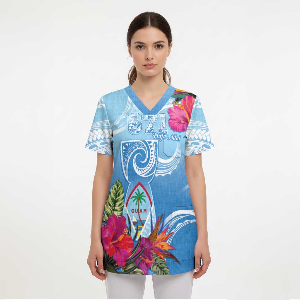 Hafa Adai Guam Scrub Top Tropical Flowers Blue Gradient LT05 - Polynesian Pride