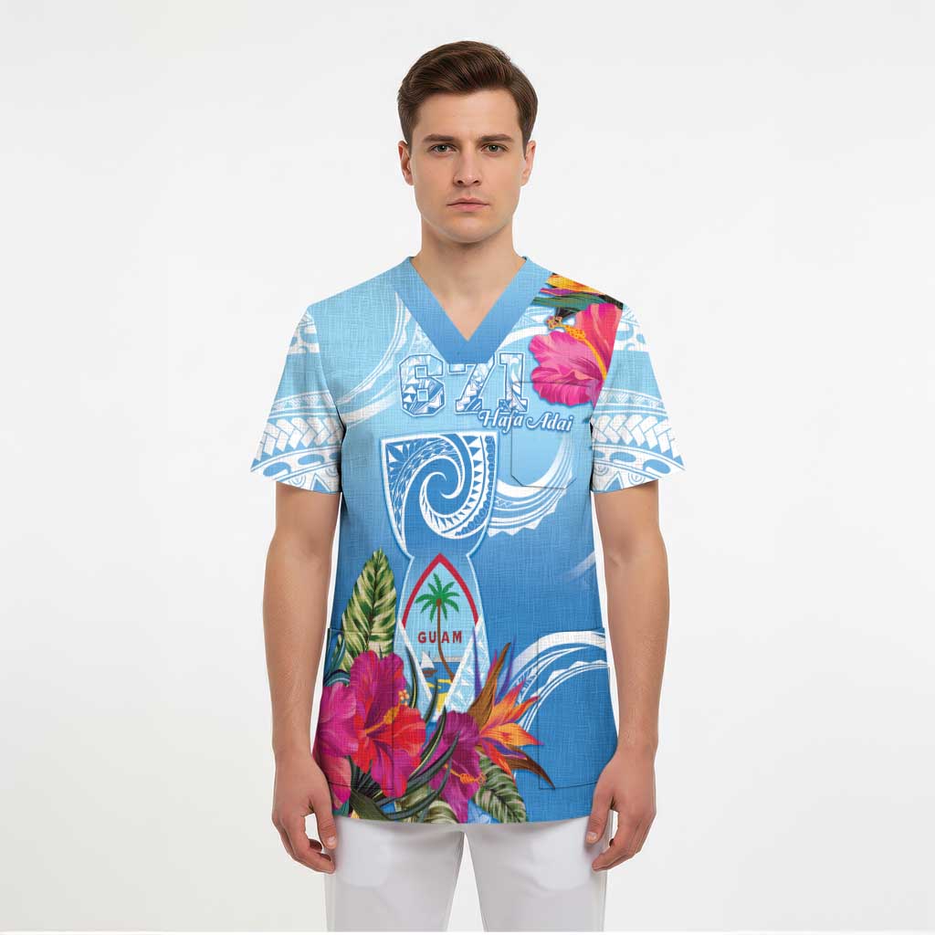 Hafa Adai Guam Scrub Top Tropical Flowers Blue Gradient LT05 - Polynesian Pride