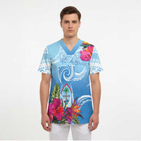 Hafa Adai Guam Scrub Top Tropical Flowers Blue Gradient LT05 - Polynesian Pride