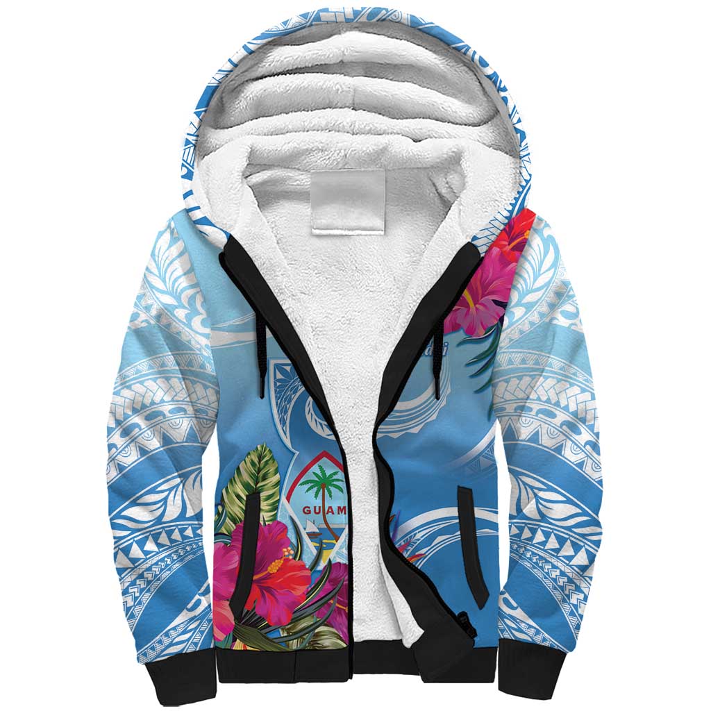 Hafa Adai Guam Sherpa Hoodie Tropical Flowers Blue Gradient LT05 Unisex Blue - Polynesian Pride