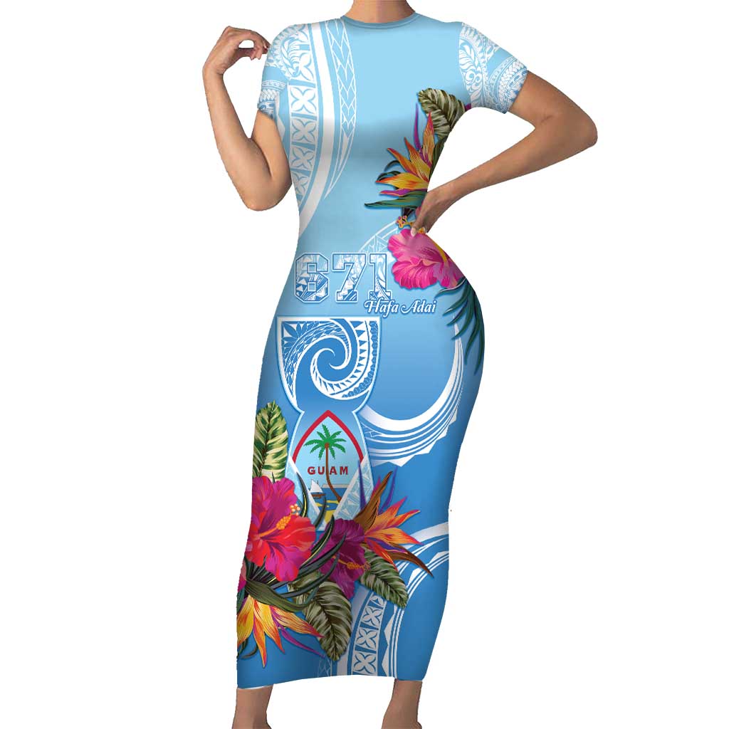 Hafa Adai Guam Short Sleeve Bodycon Dress Tropical Flowers Blue Gradient LT05 Long Dress Blue - Polynesian Pride