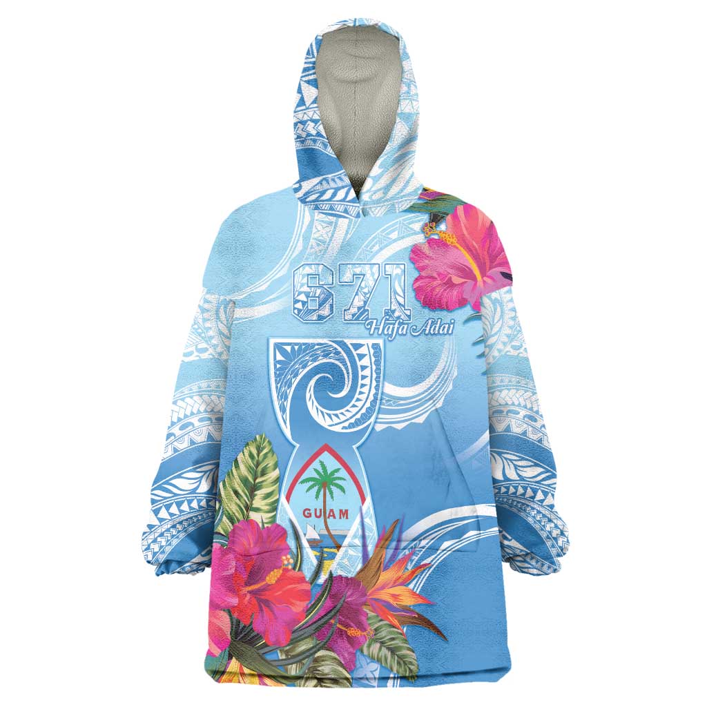 Hafa Adai Guam Wearable Blanket Hoodie Tropical Flowers Blue Gradient LT05 One Size Blue - Polynesian Pride