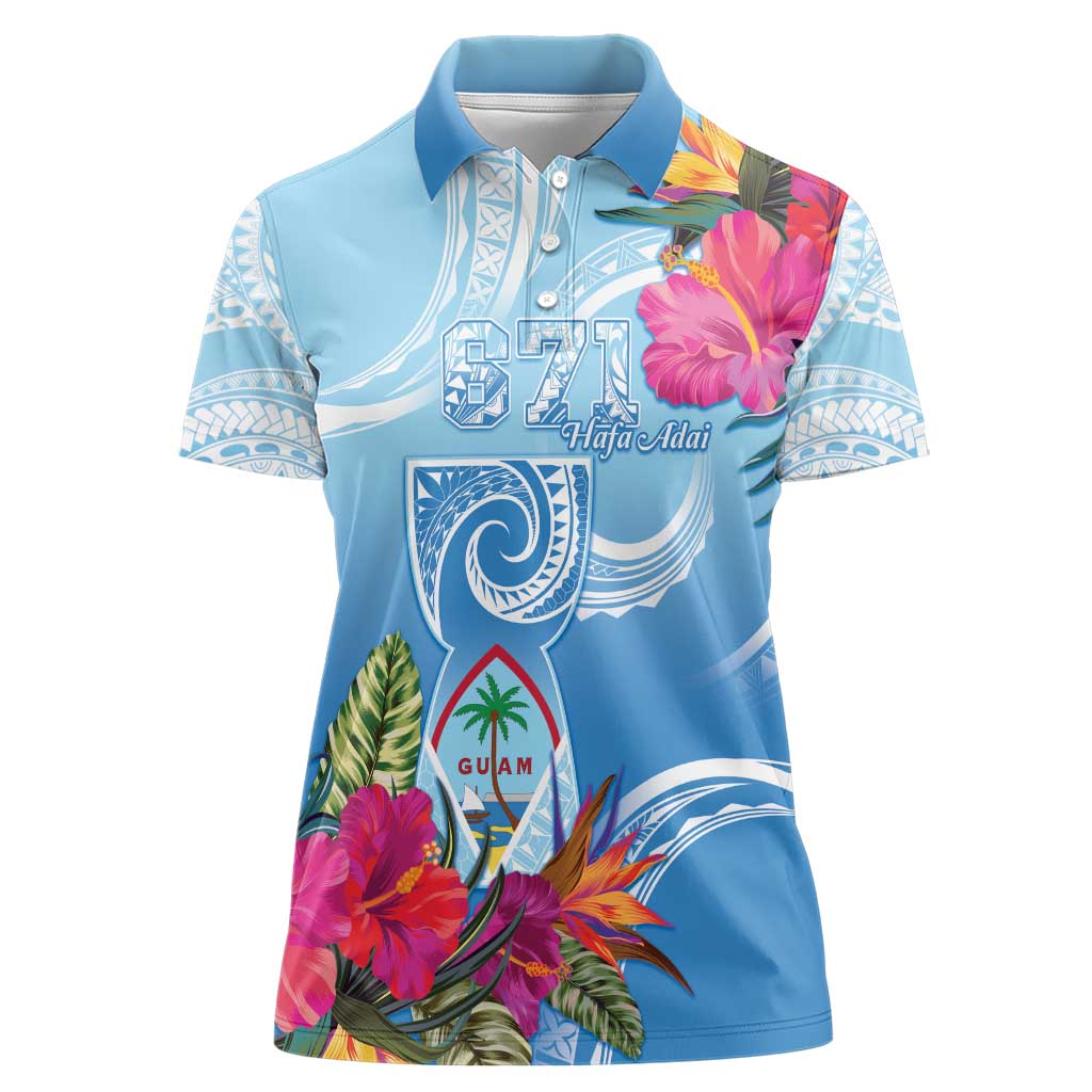Hafa Adai Guam Women Polo Shirt Tropical Flowers Blue Gradient LT05 Female Blue - Polynesian Pride