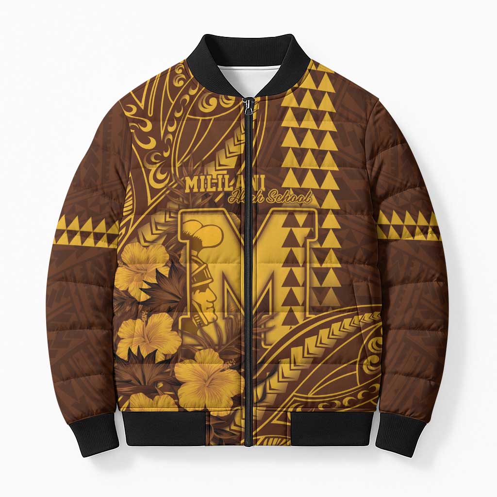 Personalised Hawaii Mililani High School Bomber Puffer Jacket Tribal Tattoo With Hibiscus Flowers LT05 Unisex Brown - Polynesian Pride