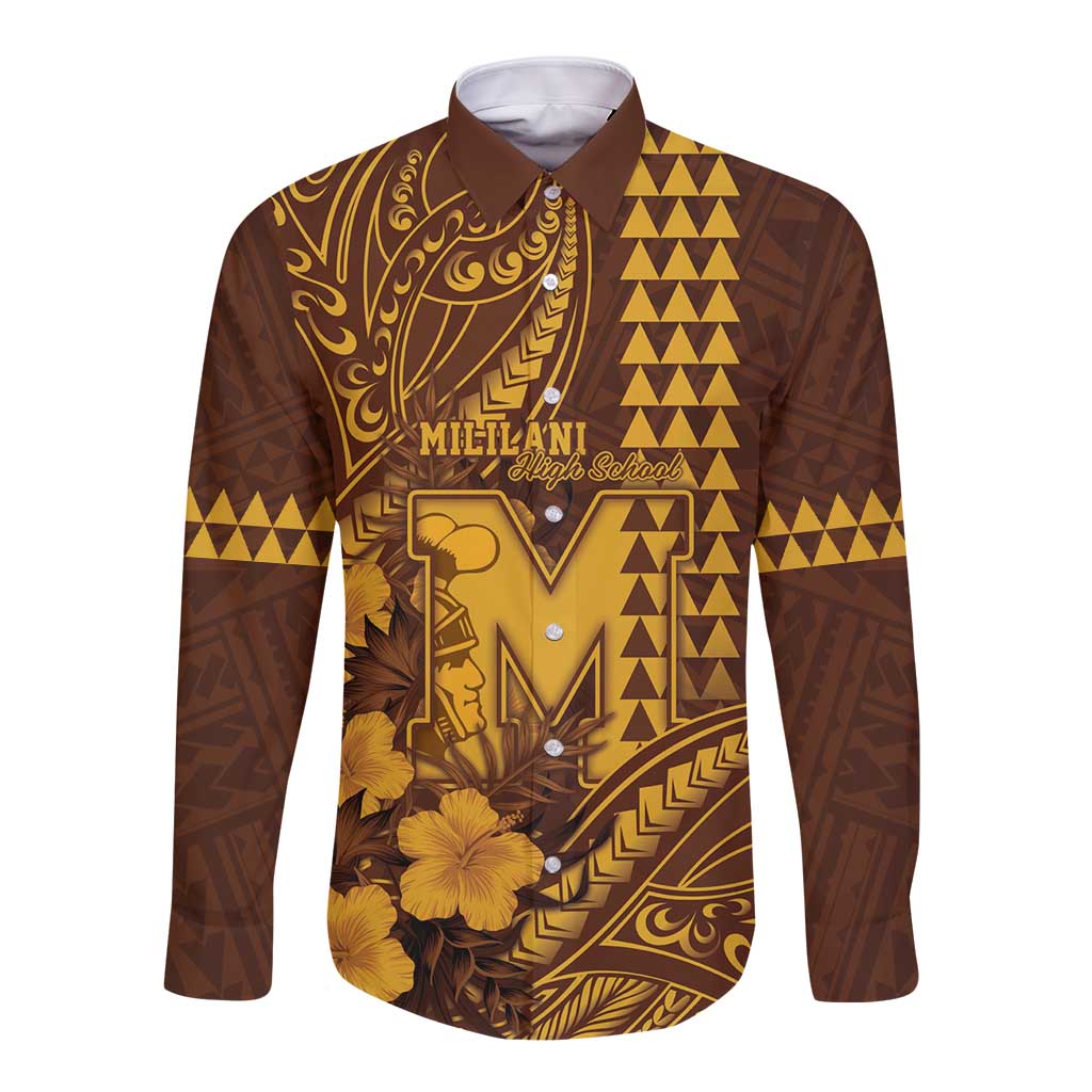 Personalised Hawaii Mililani High School Long Sleeve Button Shirt Tribal Tattoo With Hibiscus Flowers LT05 Unisex Brown - Polynesian Pride