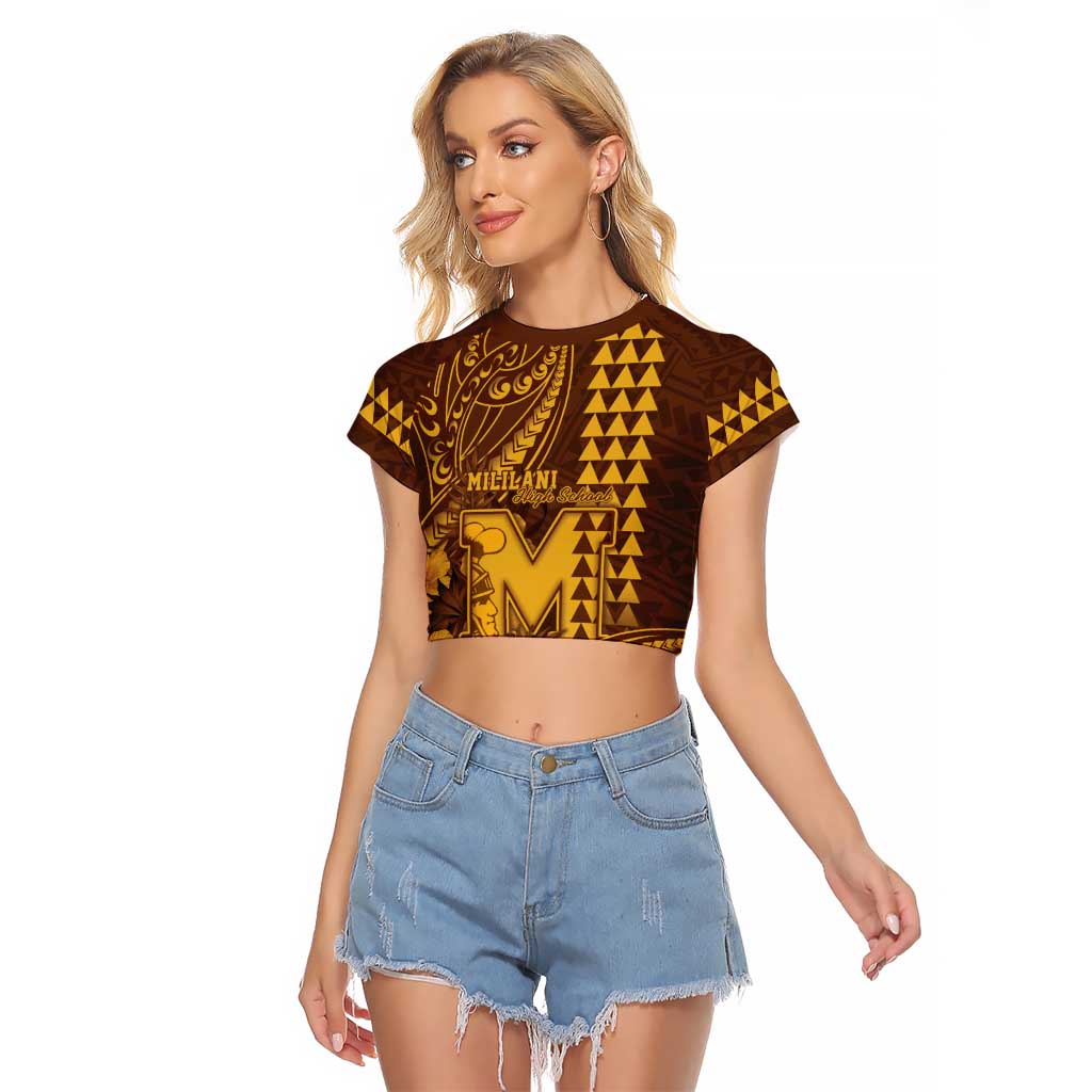 Personalised Hawaii Mililani High School Raglan Cropped T Shirt Tribal Tattoo With Hibiscus Flowers LT05 Female Brown - Polynesian Pride