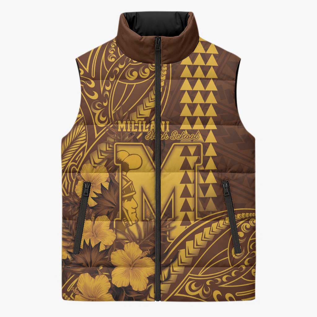Personalised Hawaii Mililani High School Sleeveless Puffer Jacket Tribal Tattoo With Hibiscus Flowers LT05 Unisex Brown - Polynesian Pride
