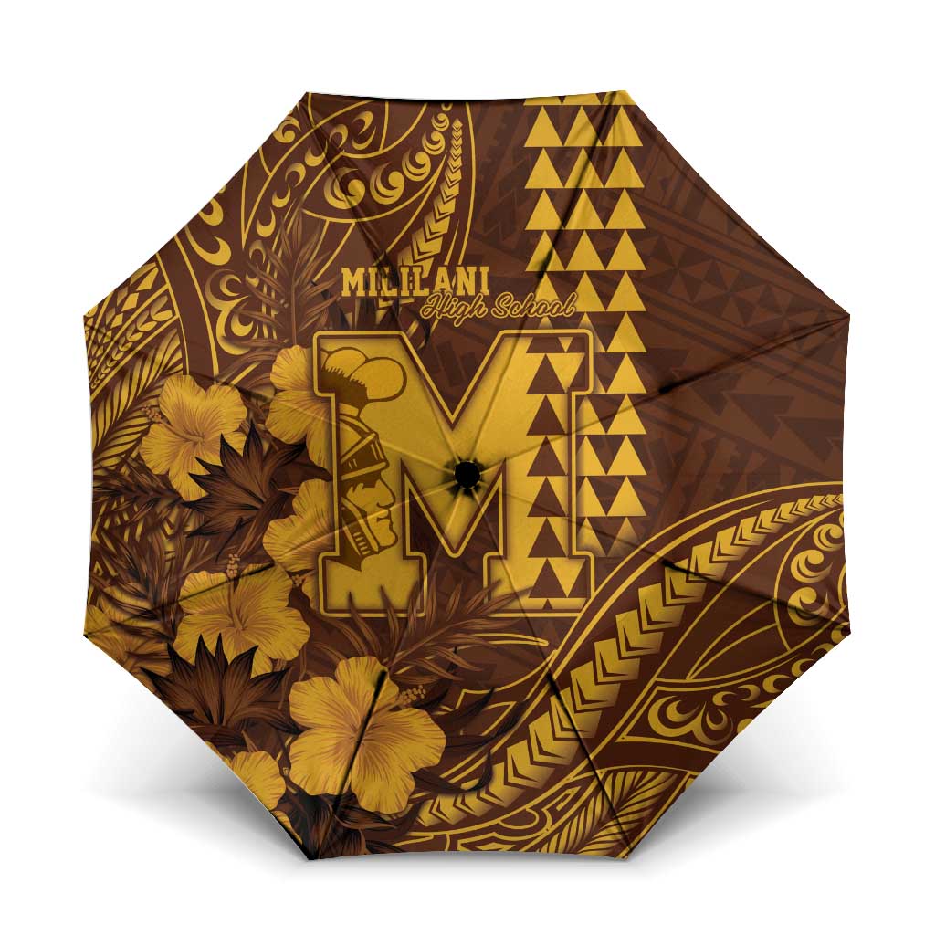 Hawaii Mililani High School Umbrella Tribal Tattoo With Hibiscus Flowers LT05 One Size Folded 11.42 inch Opened Diameter 37.4 inch Brown - Polynesian Pride