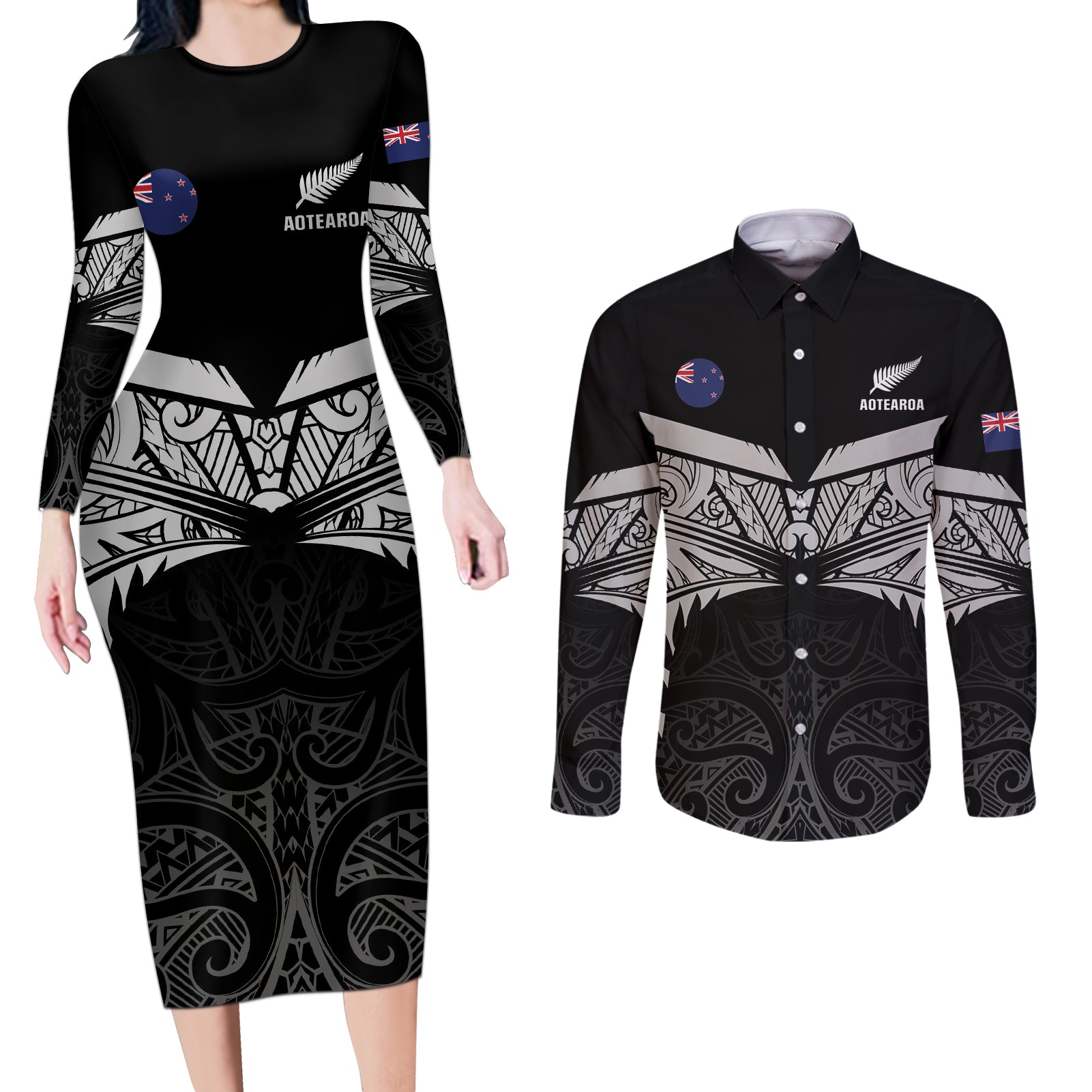 Custom New Zealand Cricket Couples Matching Long Sleeve Bodycon Dress and Long Sleeve Button Shirt Go Champions World Cup 2024 With Maori Pattern